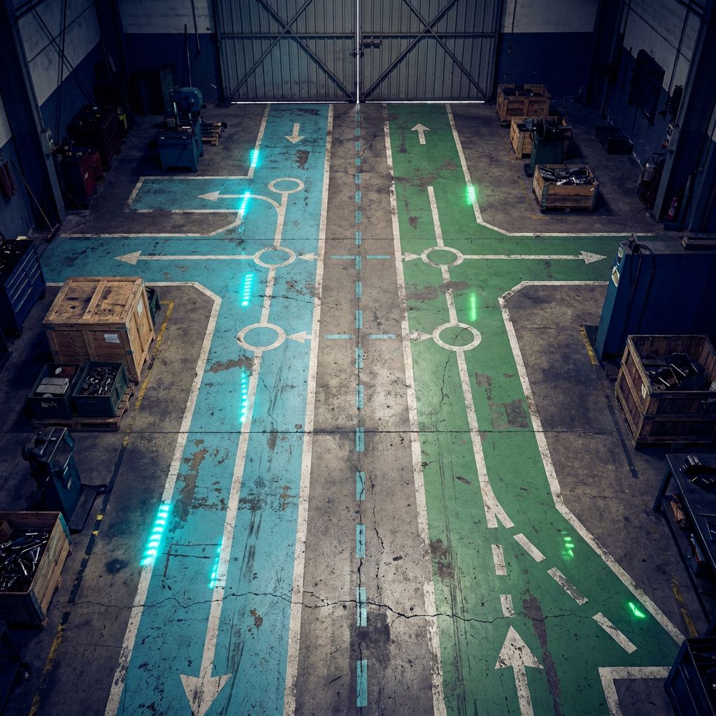 En bygningsplan eller rutekort (uden læsbar tekst) med to farvede baner markeret i cyan og grøn, symboliserer 'live' og 'batch' flows.