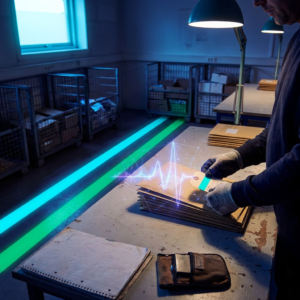 En dansk driftsleder ude af frame ser to cyan- og grønne gulvbaner føre kuverter mod udleveringslommer; lilla/indigo stemning med cyan/grøn signalaccents og subtile data‑pulser.