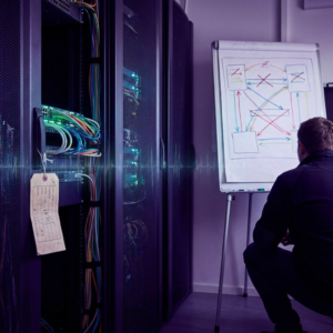 Nordisk operationsscene i en lille cloud‑driftsopsætning: tekniker ved stativ med farvekodede routingbaner, rack‑udstyr i forgrund, deep purple/indigo skygger og cyan/grønne signalaccents, subtil data‑pulse overlay — illustrerer konsekvenserne af selektiv modelspærring.