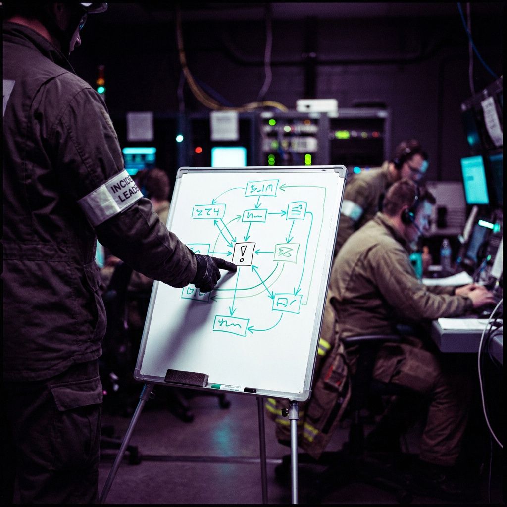 En tekniker (ansigt ude af frame) sætter en farvekodet kabel‑tag på en netværksstikbane i et lille operationsrum; fokus på hænder og tag, naturligt lys fra vindue, cyan/green accents, Snilld AI Puls‑behandling.