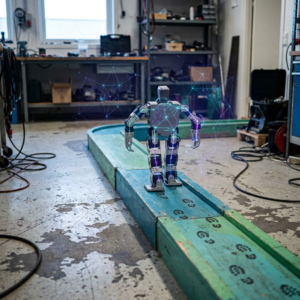 En lille 25 cm biped‑robot står på en cyan/grøn testbane i et nordisk værksted, indigo skygger og subtile cyan signalaccents, viser sim‑to‑real testøjeblik for en SMV‑beslutning.