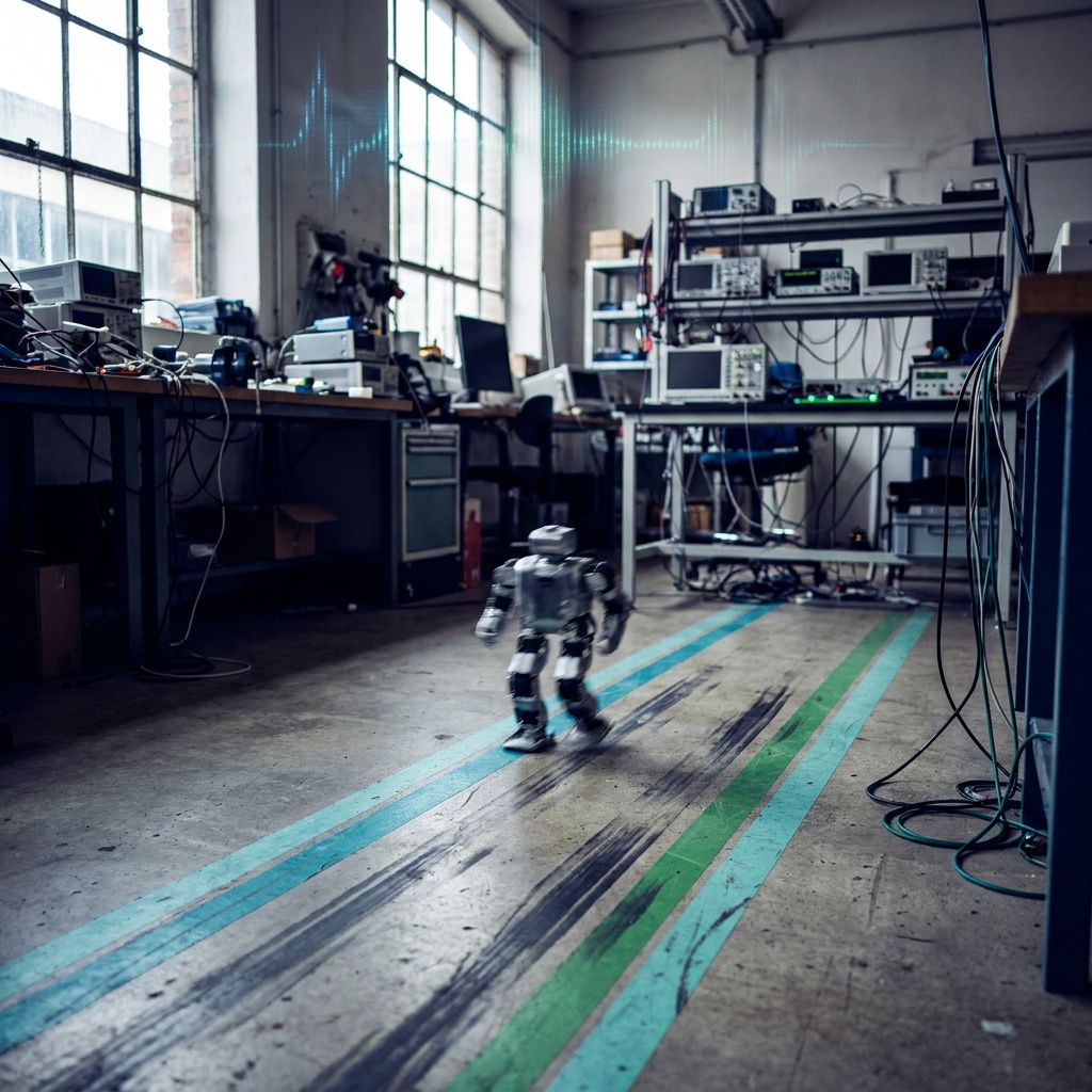 Et lille testspor i et laboratorium, to parallelle baner i cyan og grøn, Microduck i bevægelse med let bevægelsesuskarphed, teknikerrum uden ansigter i baggrunden.