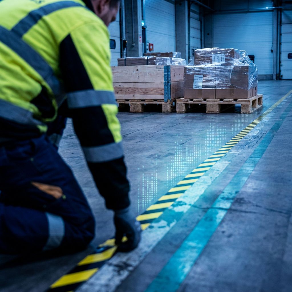 En logistikkoordinator fotograferet bagfra mens vedkommende betragter en tavle med farvekodede transportbaner i et terminalområde; ingen skærm eller læsbar tekst vises.