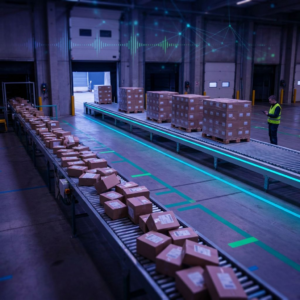 Nordisk operationsgulv i indigo nattebelysning med cyan/grønne baner: én bane viser enkeltvis kaotisk flow, den anden jævnt batched transport, symboliserer overgang fra mange enkeltopkald til batch‑skrivninger i Feature Store.