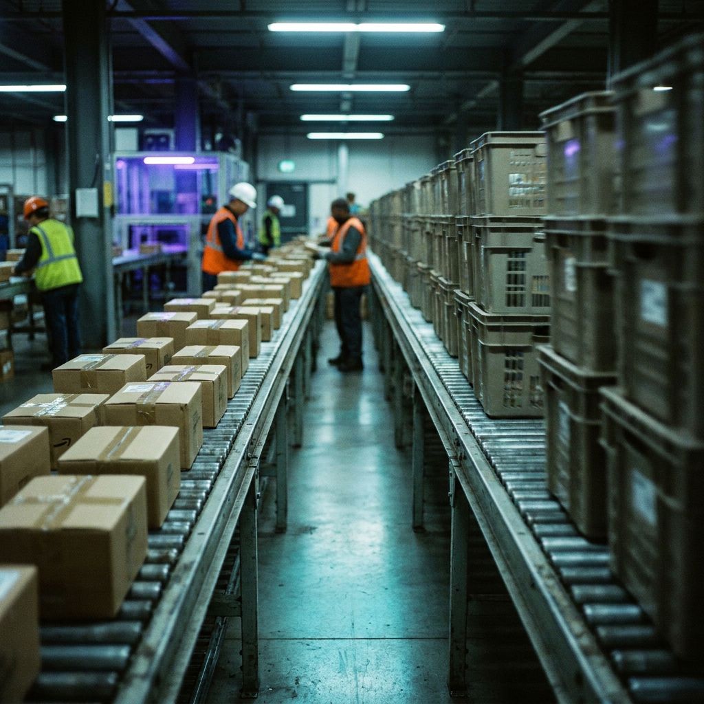 En mellemstor dispatch‑station i fabrik: en transportvogn aflæsses i grupper af paller langs en cyan markeret rute, mens en parallel rute bærer enkeltkolli. Ingen mennesker i fokus; kamera 35 mm, journalistisk feel.