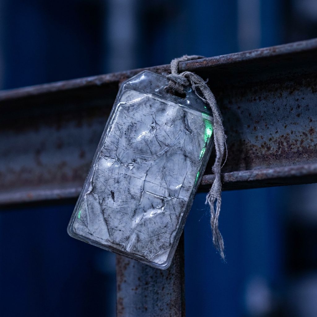 Makro af et slidt operations‑mærke på en tagsnor, tæt på, med cyan/indigo reflekser, symboliserer hyppig brug og slid fra mange små ingestioner.