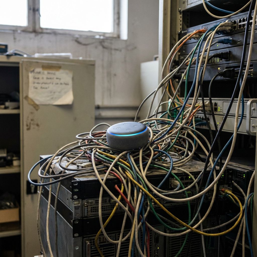 En tekniker i felttøj (ansigt ude af frame) ved et lille testrig—et bord med en enkelt instrumentboks og et synligt kabelbundt, kamera 50 mm tæt afstand, cyan indikatorlys, indigo skygge, ingen skærme i billedet.