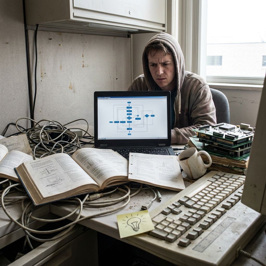 En grafisk men fotograferet byruteskitse malet på asfalten: to farvede baner (cyan og grøn) der konvergerer mod en lukkeknap‑silhuet; fotografi fra lav vinkel, indigo skumringslys, ingen tekst.