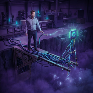 Operationsleder i en dansk fabrikshal overvejer integration af sensor‑moduler; indigo skygger, cyan/grønne signalaccents og subtile data‑pulser forbinder modulerne.
