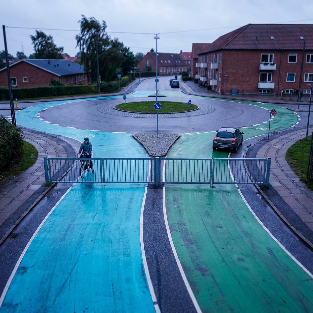 Systems‑map foto fra skrå topvinkel i et lille nordisk kontorhub: to farveafmærkede gulvbaner (cyan og grøn) malet på betongulvet fører mod en enkelt aflukket zone med en markeret gangbro (ingen tekst), naturligt diffus nordisk lys, 28 mm, let grain, indigo skygger og subtil data‑pulse overlay for at antyde flow og segmentering.