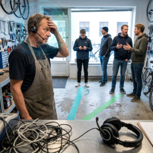 Teknisk leder i en lille dansk butik ser ud over gaden; et telefonheadset ligger i forgrunden og to matte tape-striber i cyan og grøn fører mod en indgangszone. Indigo/purple mood med subtile cyan signalglimt.