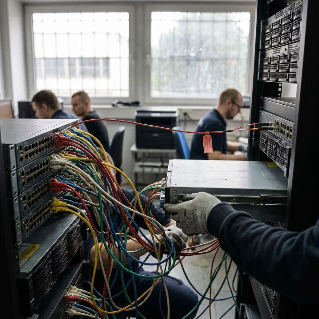 Et fugleperspektiv over en lille software-team's testbænk i et nordisk lab: to farvede tape-spor (cyan og grøn) leder til en enkelt teststation, subtil pulserende overlay viser datapuls.