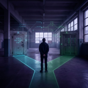 Dansk operationsleder i et lille driftcenter står mellem to cyan‑ og grønne baner på gulvet, tøvende mellem cost‑besparelse og robusthed; indigo purpur‑lys og subtile data‑pulse overlays antyder AI‑beslutningsspænding.