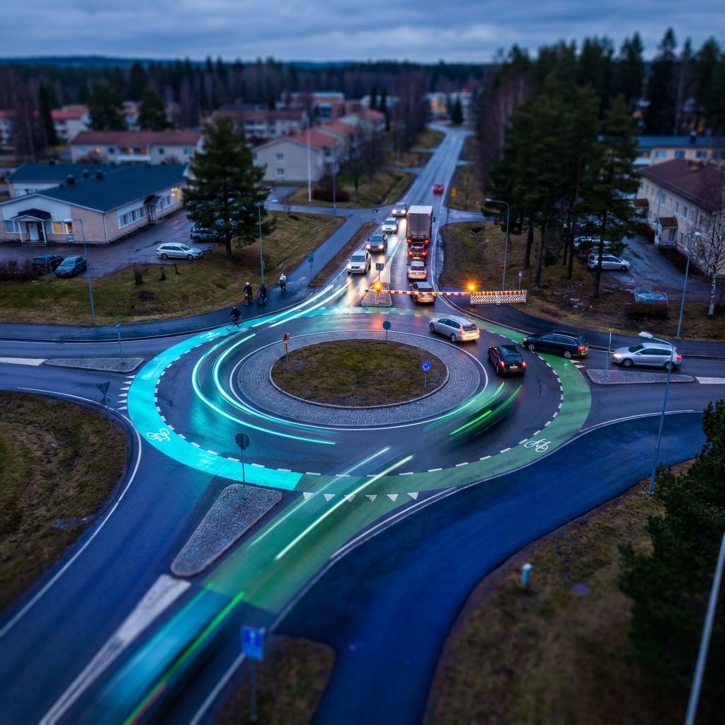 Fugleperspektiv over en lille byplads hvor cykelsti (cyan) og bilrute (grøn) adskilles af en midlertidig barriere; lys er aftenindigo med målrettede accentpulsationer.
