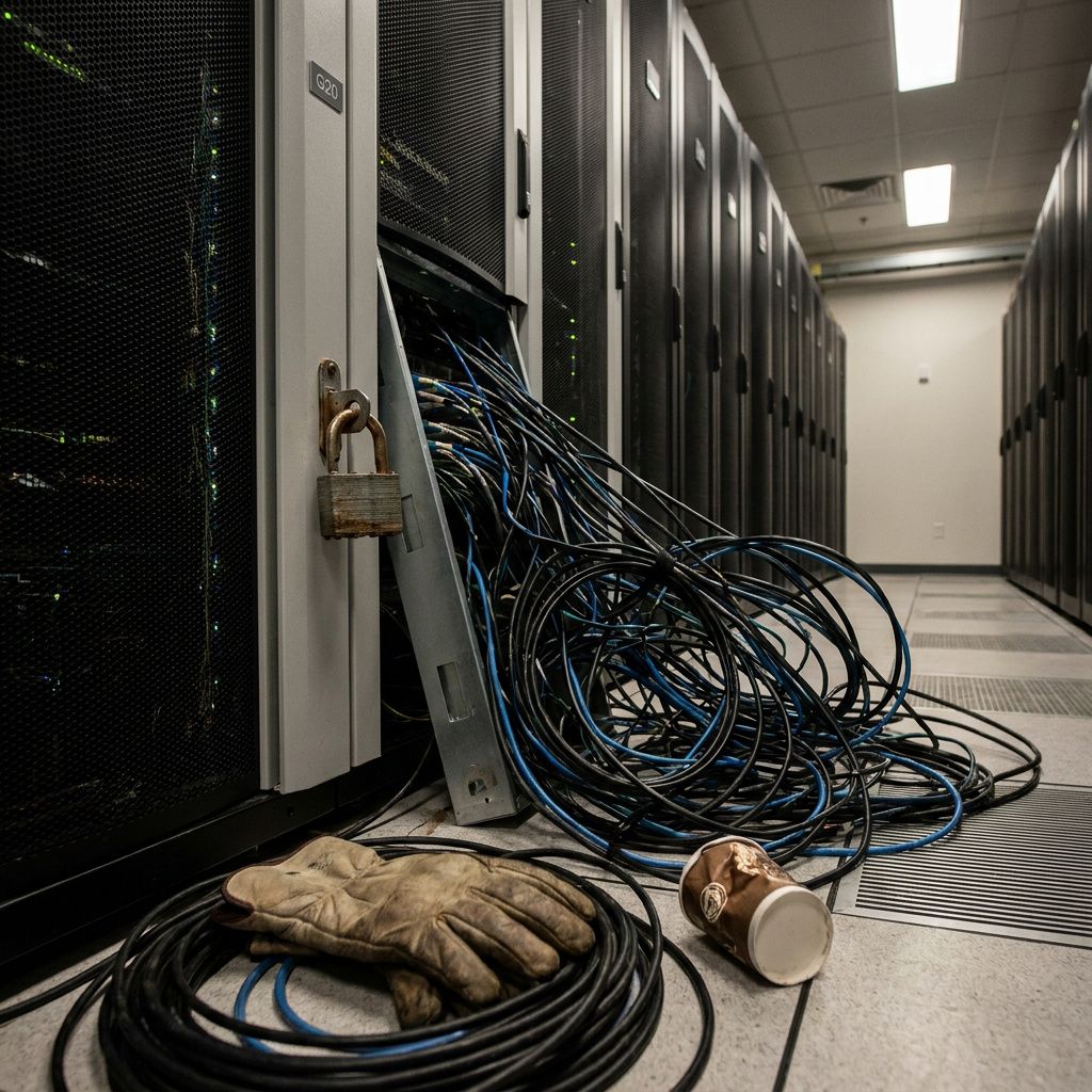 En operationsvagt i en lille bankfilial, ryggen til kameraet, ser en tavs kø af kunder hvor et par er frustrerede; lys er koldt indigo med cyan accenter langs skranken.
