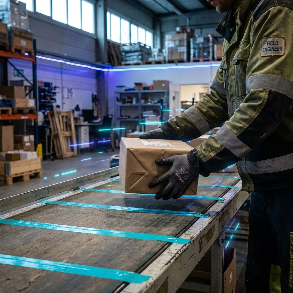 En tekniker (ansigt ude af frame) sætter en enkelt pakke på en transportbane markeret med cyan tape; kamera 50 mm, dynamisk reportage-følelse.