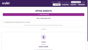 Audio Transkribent-flade med knappen Start optagelse og feltet Drag & Drop på en lilla Snilld-side.