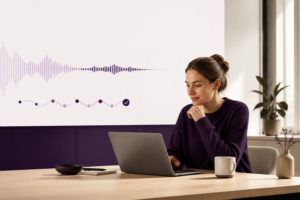 Rolig arbejdsplads med Voice Agent, abstrakt stemmebølge og samtaleflow