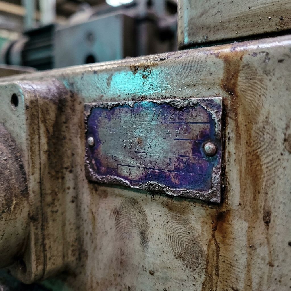 Makro af en trykslidt versions‑tag i metal på et lille stålskilt: 'v1.12.3' (uoplæseligt nærmere data), med lilla patina og cyan refleks; tegn på hyppige opdateringer.