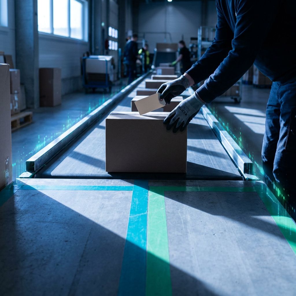 Processøjeblik: en operationsassistent lægger en markør‑tag på en lille kasse i et forsendelsesbånd, der deler sig i to baner markeret med cyan og grøn tape; ingen tekster er synlige.