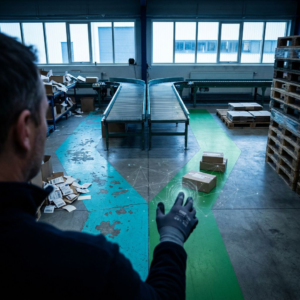 Nordisk produktionshal med to farvede baner på gulvet, hvor en mellemleder vurderer hvilken rute pakkerne skal følge — en visuel kommentar til valget mellem semantisk discovery og deterministisk graf‑traversal.