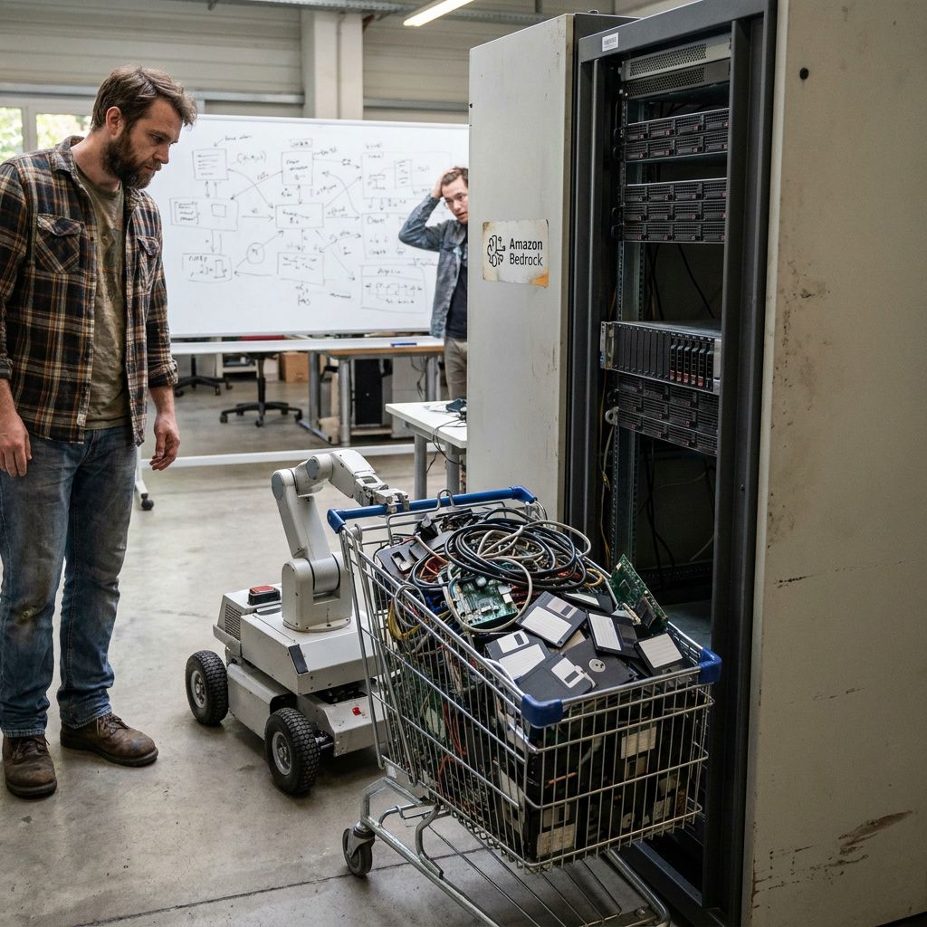 Process‑øjeblik: en tekniker (ansigt ude af frame) tilkobler et testkabel i en rackmodul (ingen læsbar labels), et par notesedler på væggen sløret, cyan/indigo farvetone, 50 mm, reportage.