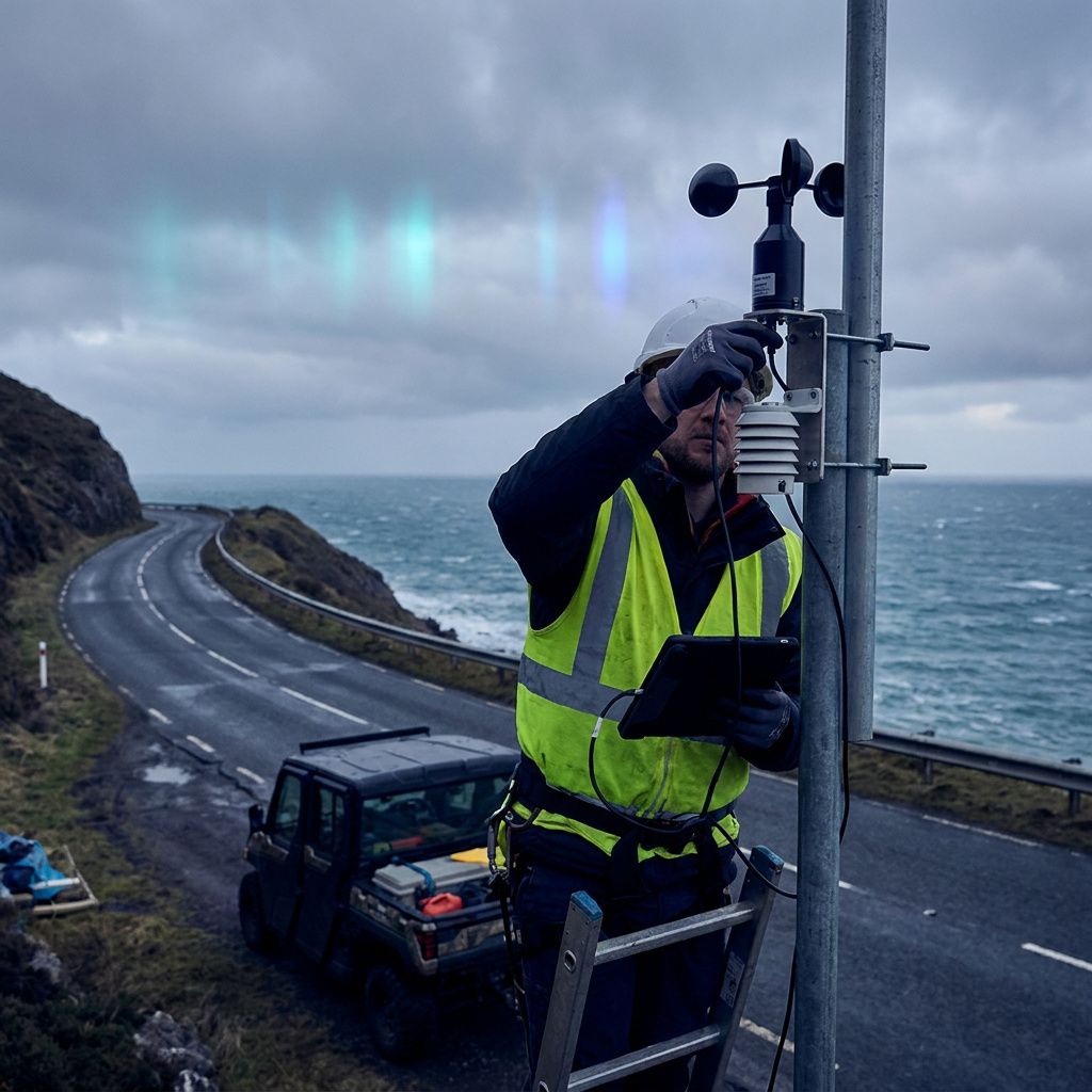 Tekniker på stige monterer en vejside‑anemometer ved en kystvej under en skydækket himmel, indigo kontrast og cyan signalstriber i luften.