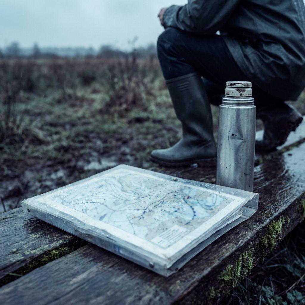 Detalje: smudset feltmappe, to par gummistøvler i mudderet, en dampende termokop. Indigo baggrund og cyan refleks.