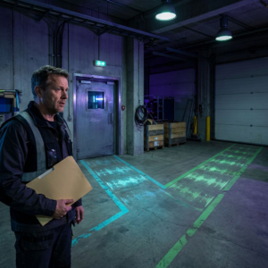 Nordisk operationsøjeblik: SMV‑driftsleder ved markerede test‑ og produktionsruter på betongulv, dybe indigo‑skygger og cyan/green signalreflekser, reportage‑stil.