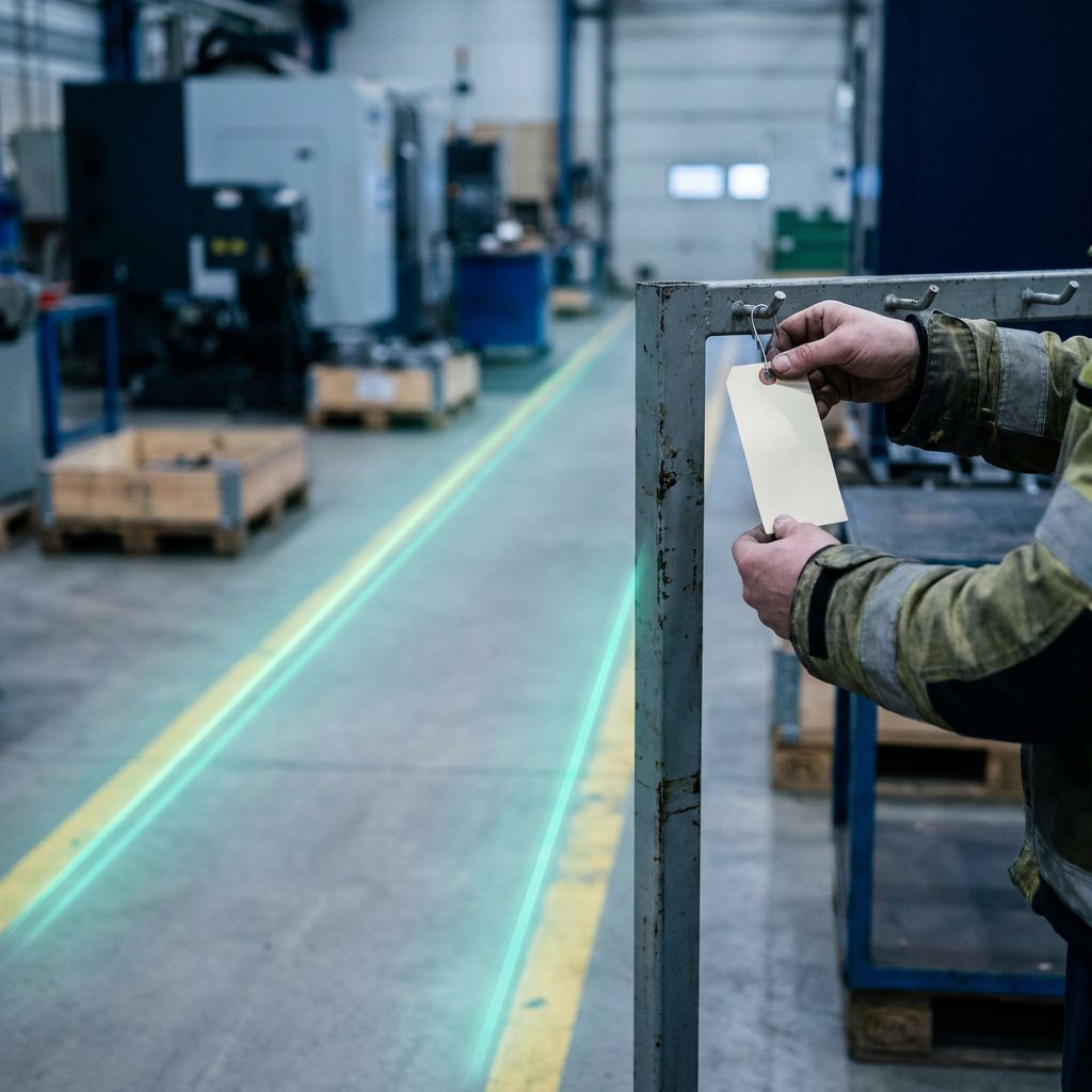En tekniker (ansigt ude af frame) klæder en testbænk af mærkede testcases: en fysisk rute med små farvekodede mærker på gulvet og et test‑enheds‑stativ, reportage 50 mm.