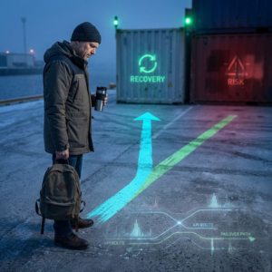 Nordisk operationsøjeblik: en IT‑driftsleder foran to farvekodede ruter malet på betongulv, indigo/cyan stemning, metafor for valg mellem regioner og failover under tidspres.