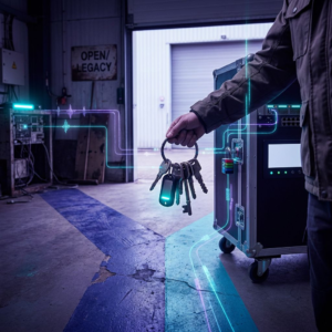 Driftsleder foran en lille mobil rack i en industrigård; cyan og indigo ruter malet på betonen mødes ved udstyret, indigo/purpur behandling, cyan signalaccents, data‑pulse overlays