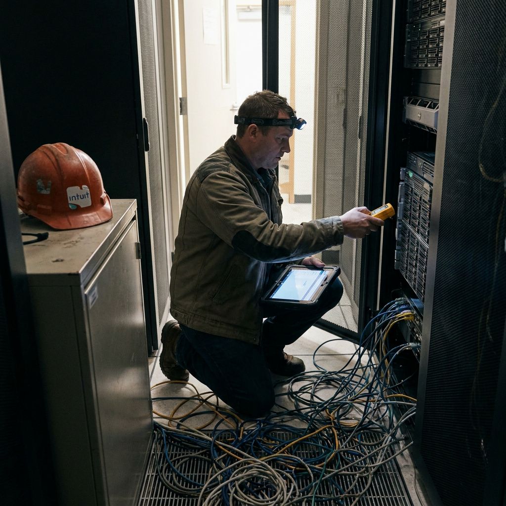 Skråt ovenfra af et industrigulv med to farvekodede ruter i cyan og grøn, en rød 'risiko' zone og en subtil pulserende overlay, metafor for routing og beslutninger i DR.