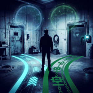 Nordisk operationsøjeblik: en SMV‑driftsleder i et køligt testlokale står ved to farvekodede ruter på betongulvet (cyan vs grøn) der leder mod to døre; dybe indigo‑skygger og subtile cyan/green datapulse‑overlays antyder teknisk valg og risiko.