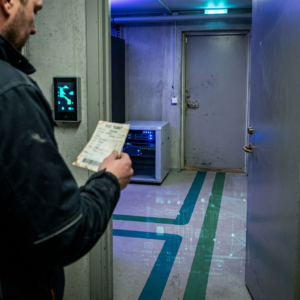 Nordisk operationsøjeblik: en IT‑leder i en lille serverniche overvejer testkø og budget, cyan/indigo tone, signalbaner malet på gulvet, subtil datapulse‑overlay.