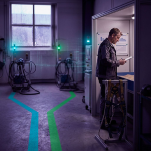 Dansk SMV‑driftsleder i en testhal ved to farvede gulvbaner mod separate teststationer; indigo skygger og cyan/grønne signalreflekser, subtil data‑pulse overlay, reportage‑feel.