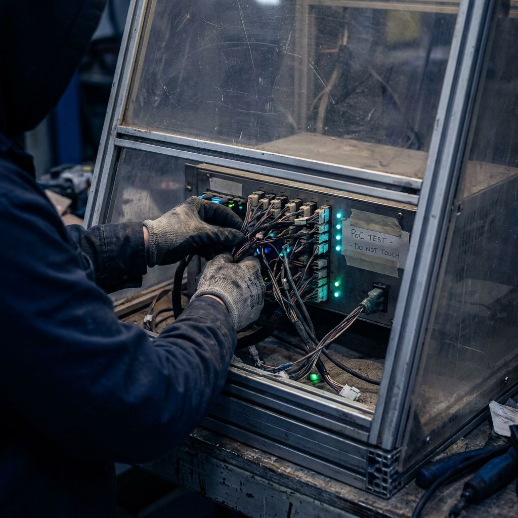 En tekniker i en lukket sandkasse‑testboks (ansigt ude af frame) justerer en test‑runner med mærkede kabelstik og et stikprøveharness; naturligt lys, snæver crop på hænder og instrumenter, cyan/green accentbelysning.