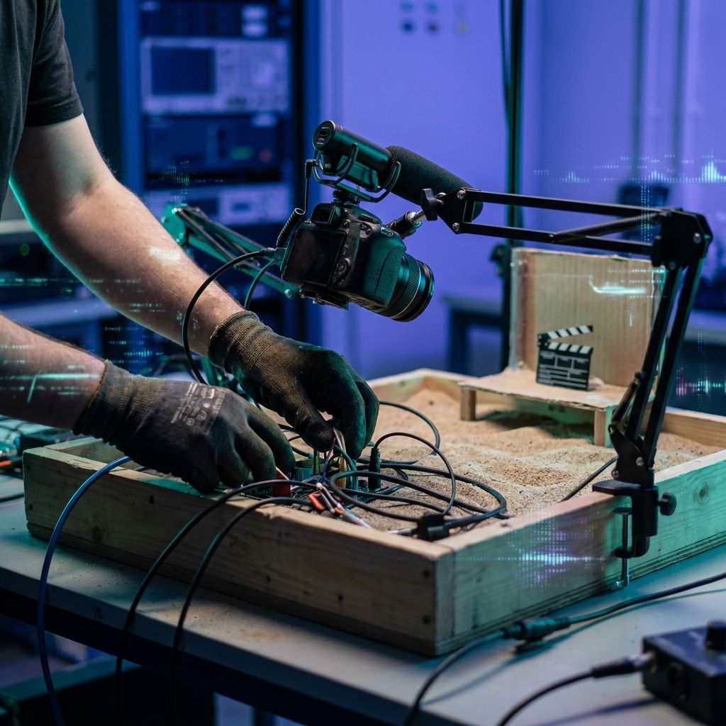 En tekniker i en lukket sandkasse tester synkronisering af lyd og video: en lille rig med en kameraposition og en monteret mikrofon, hænder i handsker (ansigt ude af frame). Indigo baggrund, cyan highlights.