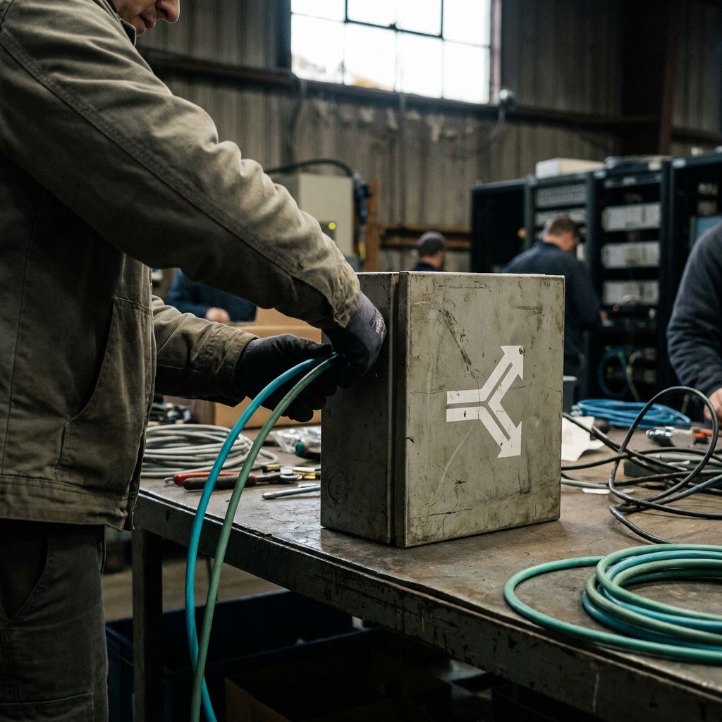 Et feltmiljø: en tekniker foran en lille, mærkbart slidt teststation med print‑kort og et måleapparat, ingen skærmtekst synlig; teknikerens ansigt er ude af frame, kun skuldre og hænder, værktøj på gulvet, indigo skygger og cyan accentlys.
