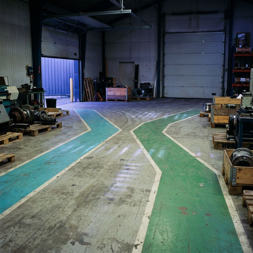 Gulvbaner malet i cyan og grøn i en lille dansk produktionshal, der fører mod to porte — tydelig operationsrouting, symboliserer valg mellem edge og cloud.