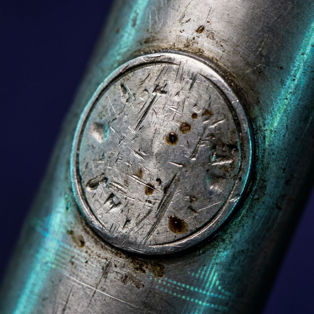 Tæt skud af en industristempel/badge med slitage, cyan kantlys, teksturlig detalje, symboliserer governance og sporbarhed.