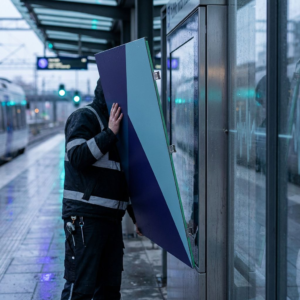 Tekniker udskifter en modulær frontplade på en nordisk transitkiosk i morgenregn, med cyan/grønne reflekser og indigo tone.