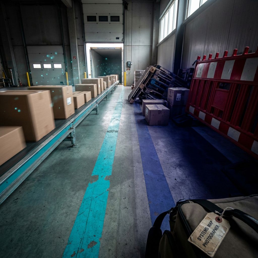 Et skråt foto af et fabriks- eller lagergulv med to malede ruter i cyan og indigo, hvor en lille række kasser bevæger sig langs cyan‑ruten mens indigo‑ruten er delvist blokeret af en foldet afspærring.