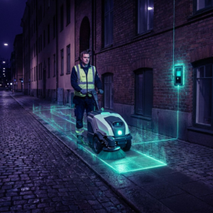 En lille gadefejemaskine renser en stille københavnergade før solopgang, med cyanreflekser i det våde brosten som antyder datarydning.