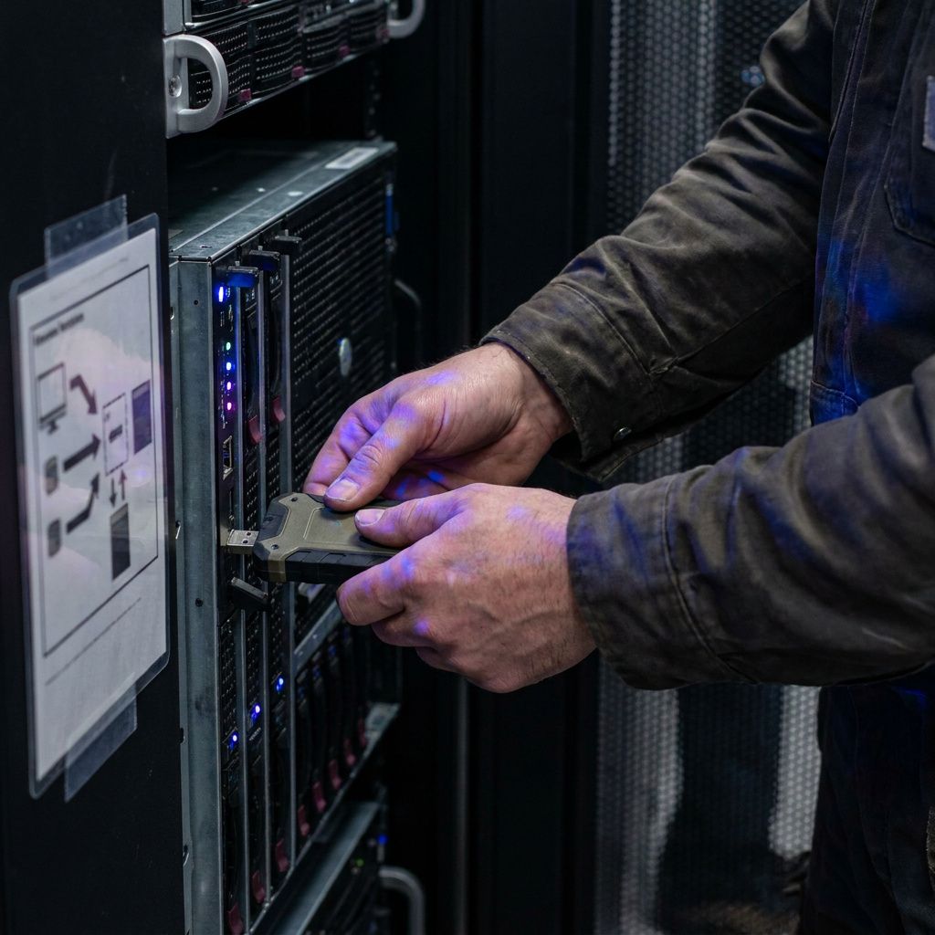 En tekniker (ansigt ude af frame) placerer en bærbar i en krog ved en døråbning, kabelbånd ligger på gulvet; fokus på handlingen at parre en node manuelt, uden skærmvisning.