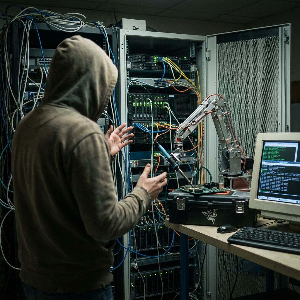 En tekniker (kun hænder og underarme synlige) klargør et fysisk deploymentskilt på en lille testbænk i et laboratoriemiljø; cyan- og indigo-lys rammer arbejdsfladen, ingen læsbar tekst.