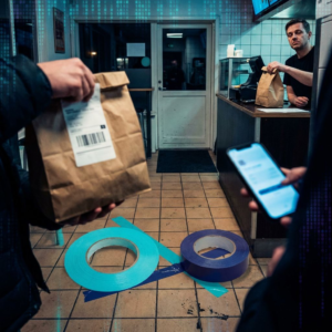 Nordisk quick-service-restaurant hvor en stregkode-etiket på en takeaway-pose og en smartphone i forkanten symboliserer flytningen af ordreflow til WhatsApp; dybe indigo-skær og cyan-accents, subtil data-puls.