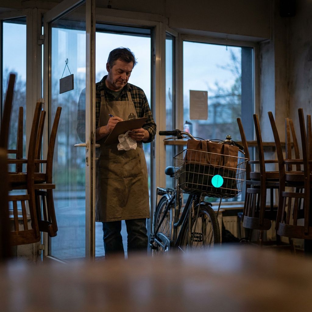 En restaurantmedarbejder overleverer en pose til en kunde ved en udleveringsskranke; ingen læsbar tekst, naturligt lys, fokus på hændelsesmomentet og kø-flow.