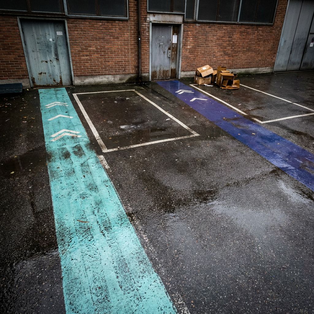 En kø- og leveringsrute malet i cyan og indigo på et baggårdsgulv, der leder mod to døråbninger; et enkelt par sko står ved den ene dør og antyder ventende leverandør. Ingen læsbar tekst.