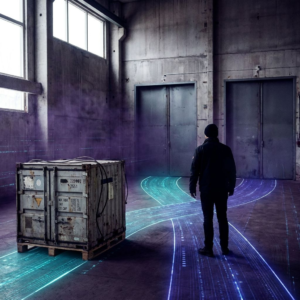 Nordisk operationsscenarie med en teknisk leder ved en markeret management‑container og to farvekodede gulvbaner (cyan/indigo) der leder mod lukkede døre; dybe indigo‑skygger og cyan accents i Snilld‑stil.